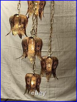 Vintage Brass Tulip Swag Light 5 Tier Hanging Lamp Hollywood Regency Very Good