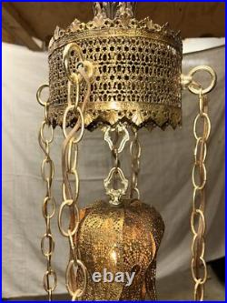 Vintage Brass Tulip Swag Light 5 Tier Hanging Lamp Hollywood Regency Very Good