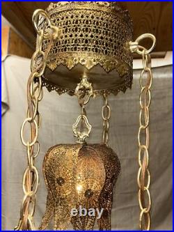 Vintage Brass Tulip Swag Light 5 Tier Hanging Lamp Hollywood Regency Very Good