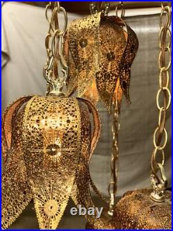 Vintage Brass Tulip Swag Light 5 Tier Hanging Lamp Hollywood Regency Very Good