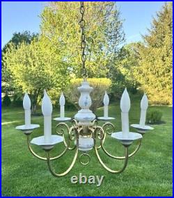 Vintage Brass White Porcelain Hanging Chandelier 6 Light Lamp