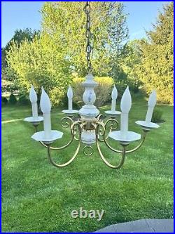 Vintage Brass White Porcelain Hanging Chandelier 6 Light Lamp