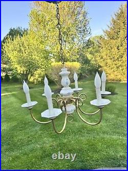 Vintage Brass White Porcelain Hanging Chandelier 6 Light Lamp