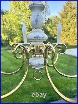 Vintage Brass White Porcelain Hanging Chandelier 6 Light Lamp