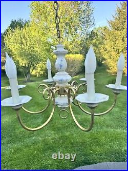 Vintage Brass White Porcelain Hanging Chandelier 6 Light Lamp