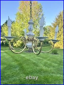 Vintage Brass White Porcelain Hanging Chandelier 6 Light Lamp