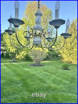Vintage Brass White Porcelain Hanging Chandelier 6 Light Lamp