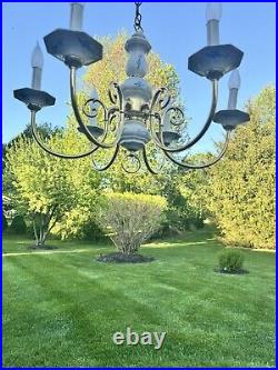 Vintage Brass White Porcelain Hanging Chandelier 6 Light Lamp