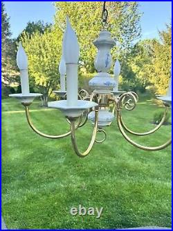 Vintage Brass White Porcelain Hanging Chandelier 6 Light Lamp