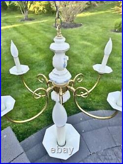 Vintage Brass White Porcelain Hanging Chandelier 6 Light Lamp