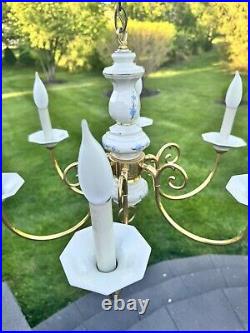 Vintage Brass White Porcelain Hanging Chandelier 6 Light Lamp