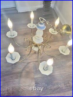 Vintage Brass White Porcelain Hanging Chandelier 6 Light Lamp