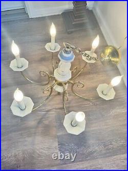 Vintage Brass White Porcelain Hanging Chandelier 6 Light Lamp