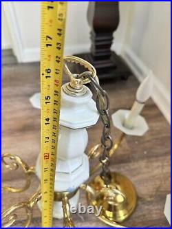 Vintage Brass White Porcelain Hanging Chandelier 6 Light Lamp