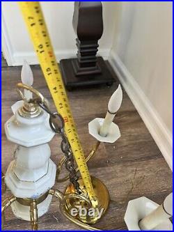 Vintage Brass White Porcelain Hanging Chandelier 6 Light Lamp