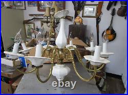 Vintage Brass White Porcelain Hanging Chandelier 8 Light Lamp