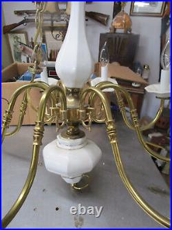 Vintage Brass White Porcelain Hanging Chandelier 8 Light Lamp