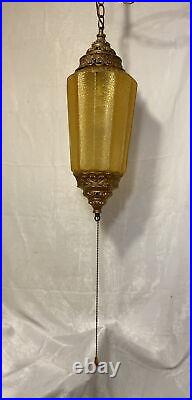 Vintage Brass & Yellow Frosted Glass Swag Light Pull Chain 20