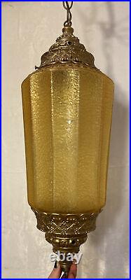 Vintage Brass & Yellow Frosted Glass Swag Light Pull Chain 20