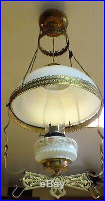 Vintage Brass with Milk Glass Shade Hanging Parlor Queen Anne Oil Lamp