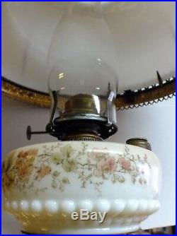 Vintage Brass with Milk Glass Shade Hanging Parlor Queen Anne Oil Lamp