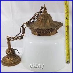 Vintage Bronzed Cast Iron Hanging Lamp With Milk Glass Shade And Levolier Switch