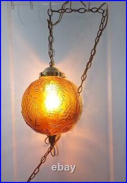 Vintage Brown Amber Glass Globe Hanging Swag Lamp Grape Pattern (2 Available)