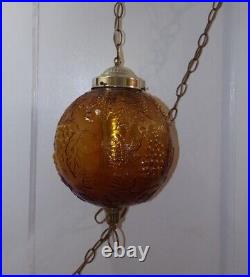 Vintage Brown Amber Glass Globe Hanging Swag Lamp Grape Pattern (2 Available)