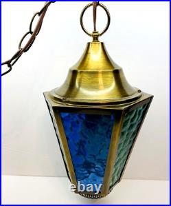 Vintage Brushed Bronze 6 Paneled Green & Blue Glass Hanging Swag Lamp