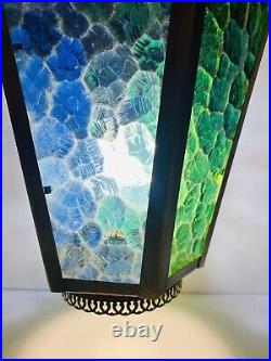 Vintage Brushed Bronze 6 Paneled Green & Blue Glass Hanging Swag Lamp