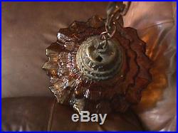 Vintage Brutalist Amber Glass Hanging Swag Globe Lamp Mid Century Kryptonian