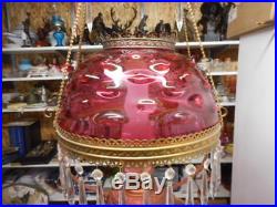 Vintage Bullseye Hobnail Cranberry Glass Victorian Hanging Parlor Lamp