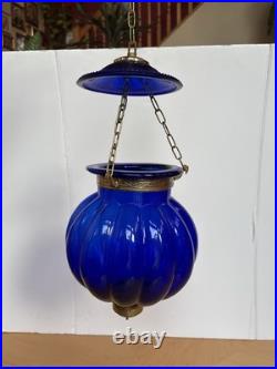 Vintage COBALT BLUE Glass & Brass FAIRY BELL Pumpkin JAR Hanging LAMP India
