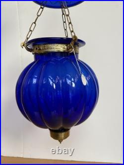 Vintage COBALT BLUE Glass & Brass FAIRY BELL Pumpkin JAR Hanging LAMP India