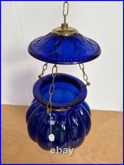 Vintage COBALT BLUE Glass & Brass FAIRY BELL Pumpkin JAR Hanging LAMP India