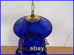 Vintage COBALT BLUE Glass & Brass FAIRY BELL Pumpkin JAR Hanging LAMP India