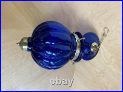 Vintage COBALT BLUE Glass & Brass FAIRY BELL Pumpkin JAR Hanging LAMP India
