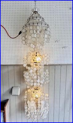 Vintage Capiz Shell 2 Light 3 Tier Chandelier Mid Century Modern Spiral Gold