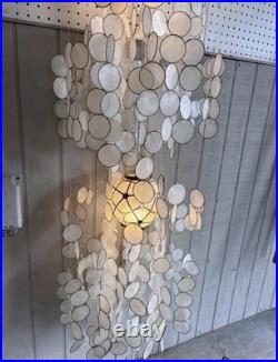 Vintage Capiz Shell 2 Light 3 Tier Chandelier Mid Century Modern Spiral Gold