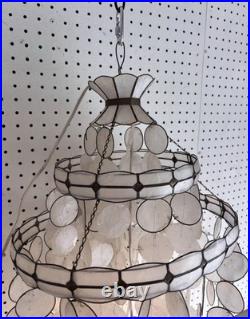 Vintage Capiz Shell 2 Light 3 Tier Chandelier Mid Century Modern Spiral Gold