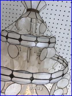 Vintage Capiz Shell 2 Light 3 Tier Chandelier Mid Century Modern Spiral Gold