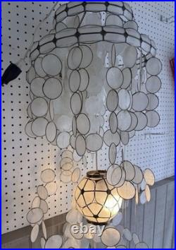 Vintage Capiz Shell 2 Light 3 Tier Chandelier Mid Century Modern Spiral Gold