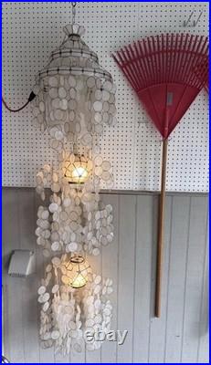 Vintage Capiz Shell 2 Light 3 Tier Chandelier Mid Century Modern Spiral Gold