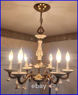 Vintage Capodimonte Italian Spanish Brass Rose Porcelain Chandelier 6 Light Lamp
