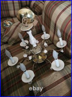 Vintage Capodimonte Italian Spanish Brass Rose Porcelain Chandelier 6 Light Lamp