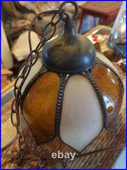 Vintage Caramel Beige Slag Glass Tulip Pendant Hanging Lamp Light