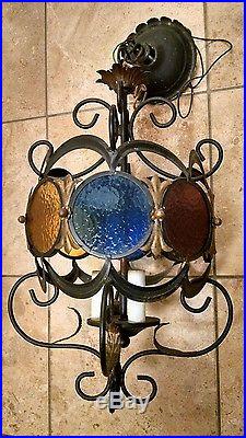 Vintage Cast Iron Hanging Light Lamp Chandelier, Round Stained Glass, Leaves