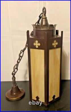 Vintage Cathedral Hexagon Pendant Ceiling Fixture Light/Slag Glass Panels