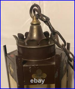 Vintage Cathedral Hexagon Pendant Ceiling Fixture Light/Slag Glass Panels