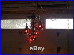 Vintage Ceiling Chain Hanging Pendant RED Glass Fixture Lamp Light Brass